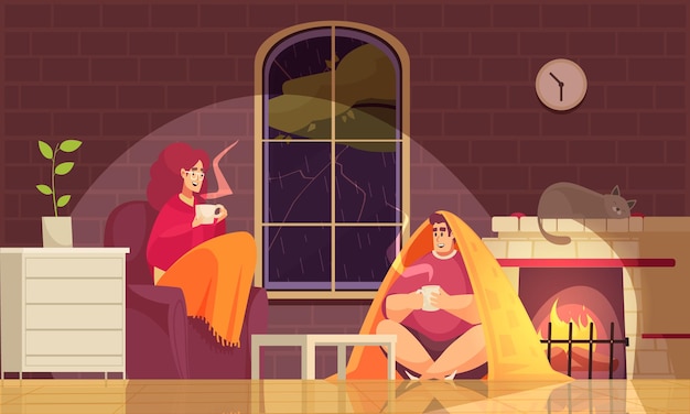 Staying home in bad weather illustration with couple wrapped in blankets sipping hot drink