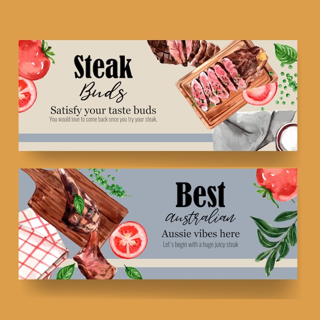 Free vector steak banner design with grilled meat, onion, basil watercolor illustration.