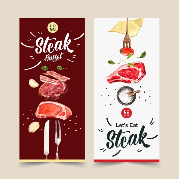 Дизайн листовки стейк с свежего мяса, помидор Акварельные иллюстрации.