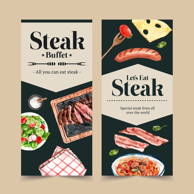 Steak flyer design with salad, spaghetti, steak watercolor illustration.