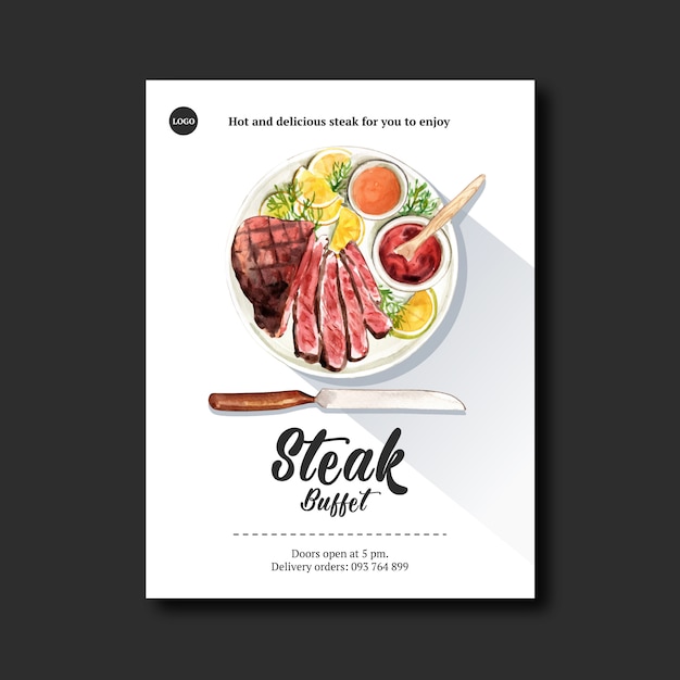 Vettore gratuito progettazione del manifesto della bistecca con bistecca, illustrazione dell'acquerello della salsa.