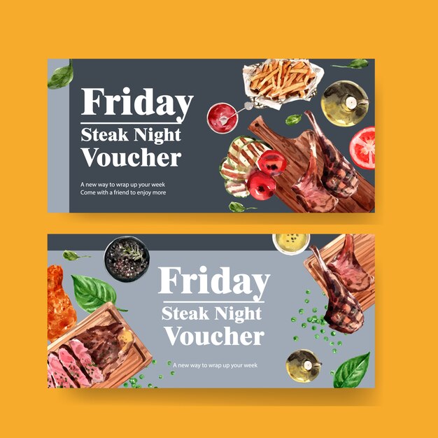 Free vector steak voucher design with grilled meat, pepper watercolor illustration.