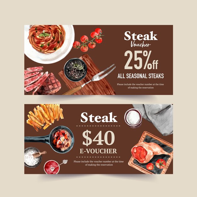 Steak voucher design with spaghetti, steak,, french fries watercolor illustration.