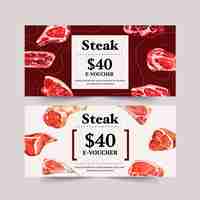 Free vector steak voucher design with various types of meat watercolor illustration.