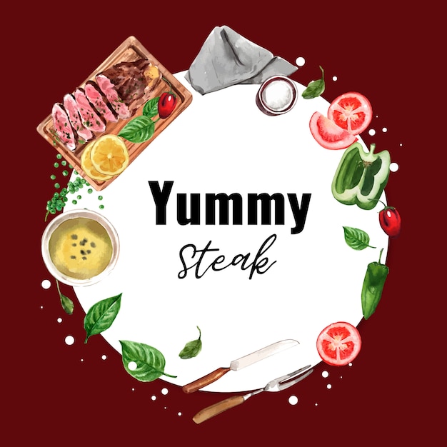 Free vector steak wreath design with bell pepper, steak, basil watercolor illustration