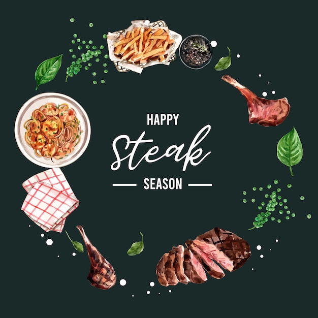 Free vector steak wreath design with grilled meat, napkin watercolor illustration