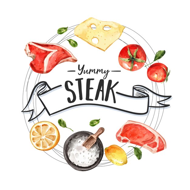 Steak wreath design with meat, tomato, lemon watercolor illustration