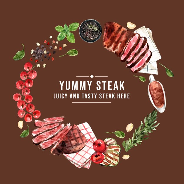 Steak wreath design with tomato, grilled meat watercolor illustration