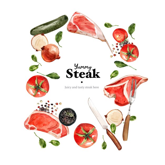 野菜、新鮮な肉の水彩イラストのステーキリースデザイン