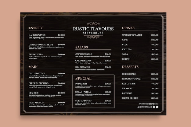 Vettore gratuito disegno del modello del menu della steakhouse