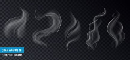 Free vector steam and smoke collection of realistic images on transparent background with text and five different shapes