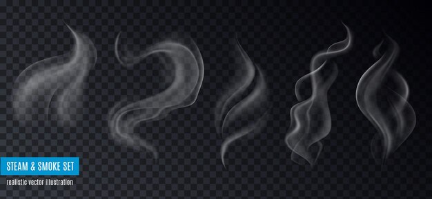 テキストと5つの異なる形状で透明な背景にリアルな画像の蒸気と煙のコレクション