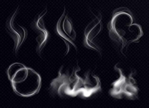 Free vector steam smoke with ring and swirl shape realistic set white on dark transparent background isolated