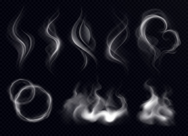 Steam smoke with ring and swirl shape realistic set white on dark transparent background isolated