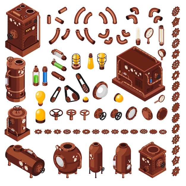 Free vector steampunk art constructor isometric  collection of  elements inspired by 19th century steam powered machinery
