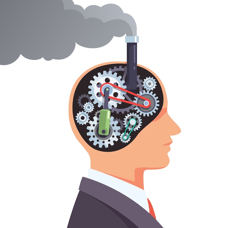 A person thinking deeply, with gears and cogs representing problem-solving