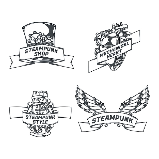 Free vector steampunk set of isolated emblems with mechanical wings heart sketch style images and ribbons with text