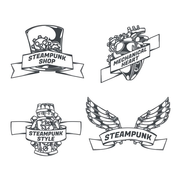 기계 날개 심장 스케치 스타일 이미지 및 텍스트와 리본으로 고립 된 상징의 Steampunk 세트