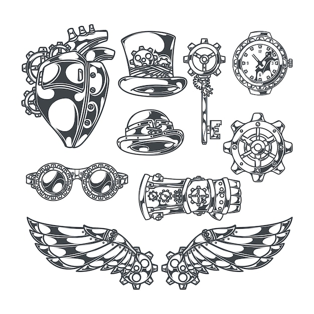 Steampunk 기계 날개 심장 스케치 스타일 이미지와 텍스트와 리본으로 고립 된 장식 아이콘 세트