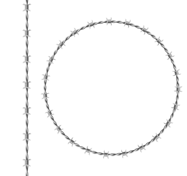 Steel barbwire set, circle frame from twisted wire with barbs isolated on white background. realistic seamless border of metal chain with sharp thorns for prison fence, military boundary