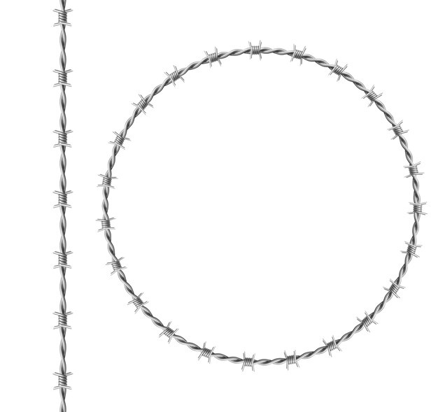 Steel barbwire set, circle frame from twisted wire with barbs isolated on white background. realistic seamless border of metal chain with sharp thorns for prison fence, military boundary