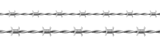 Free vector steel barbwire set, twisted wire with barbs isolated on white background. realistic seamless frame of metal chain with sharp thorns for prison fence, security line, military boundary