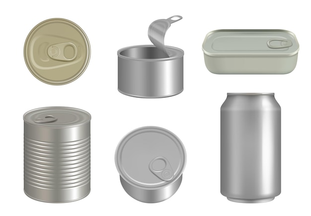 스틸 캔. 제품 및 음료를 위한 통조림 음료 패키지는 사실적인 금속 용기 벡터 그림을 제공합니다. 그림 알루미늄 포장 제품, 생선 또는 식품