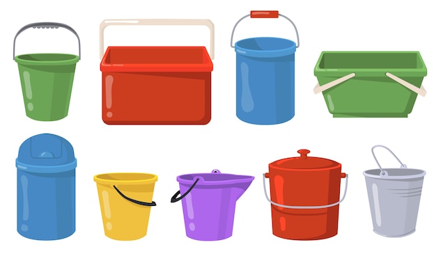 Steel and plastic buckets flat illustration set. Cartoon metal containers and pails for water or trash isolated vector illustration collection. Vessels and stuff concept