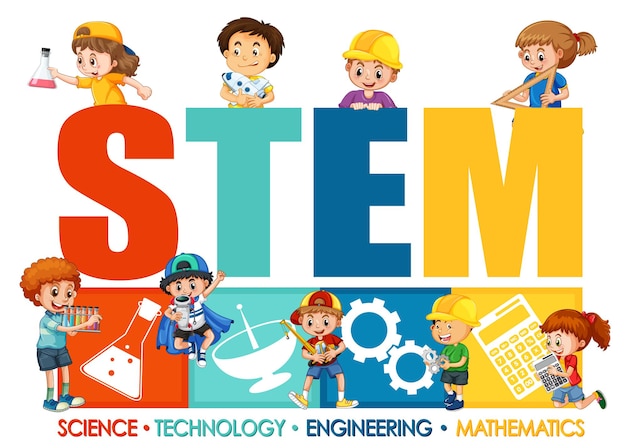 무료 벡터 어린이 만화 캐릭터가 있는 stem 교육 글꼴 로고