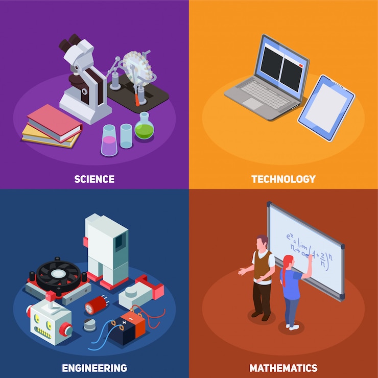 Free Vector stem education isometric composition with compositions of books computers elements of scientific equipment and human characters