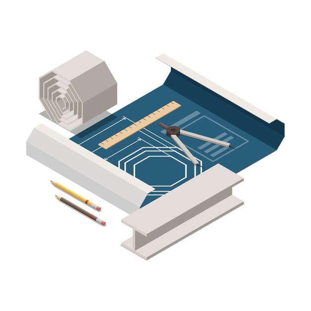 Stem education isometric concept s composition with images of project sheet with technical drawing goods  illustration