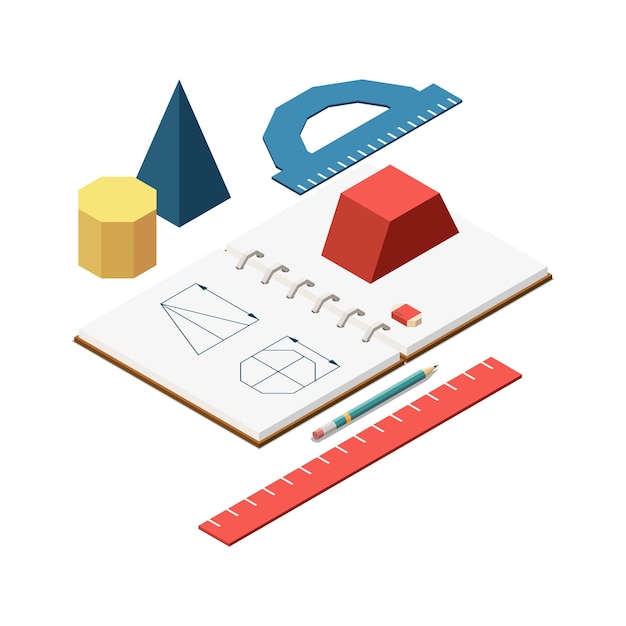 Stem education isometric concept s composition with images of stationery goods and notebook of geometry  illustration