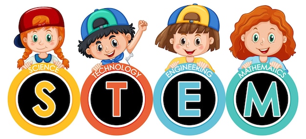 Free vector stem education logo banner with kids cartoon character