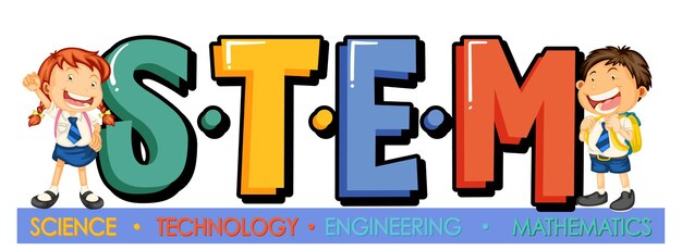 어린이 만화 캐릭터가 있는 STEM 교육 로고