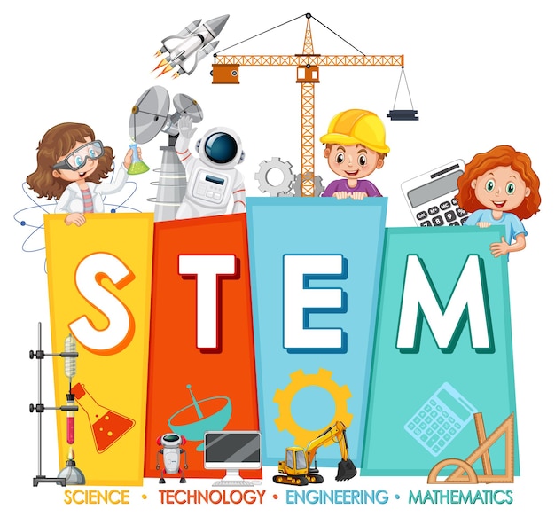 Free vector stem education logo with children cartoon character