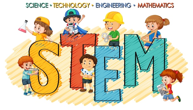 어린이 만화 캐릭터가 있는 STEM 교육 로고