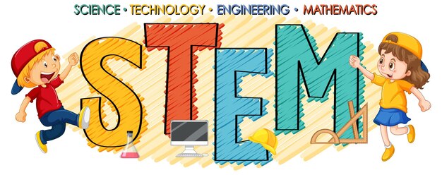 Логотип образования STEM с детским мультипликационным персонажем