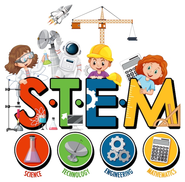 Free vector stem education logo with children cartoon character