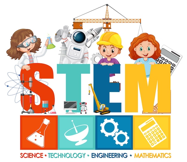 어린이 만화 캐릭터가 있는 stem 교육 로고