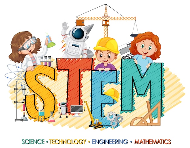 Логотип образования stem с детским мультипликационным персонажем