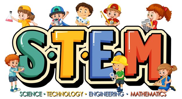 多くの子供たちの漫画のキャラクターとSTEM教育のロゴ