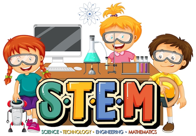 Stem education logo with many kids cartoon character