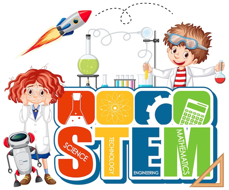 Free Vector stem education logo with scientist cartoon character