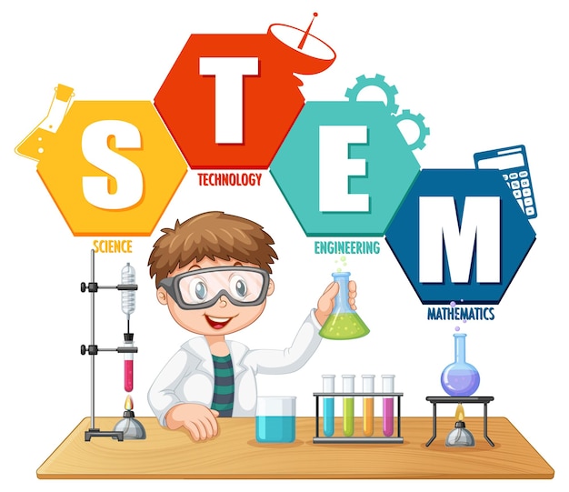 과학자 아이 만화 캐릭터와 stem 교육 로고