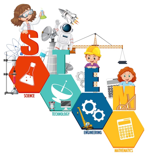 Stem education logo with scientist kid cartoon character