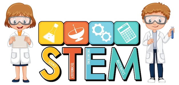 과학자 아이 만화 캐릭터와 stem 교육 로고