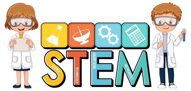 과학자 아이 만화 캐릭터와 STEM 교육 로고