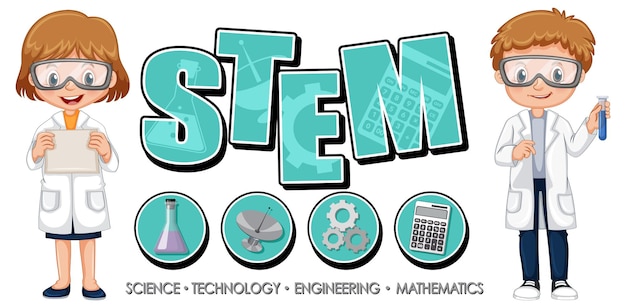 STEM education logo with scientist kids cartoon character