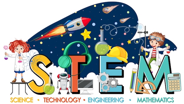 Логотип образования STEM с детьми-учеными в теме галактики