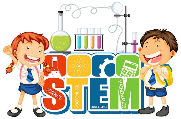 Stem education logo with student kids cartoon character